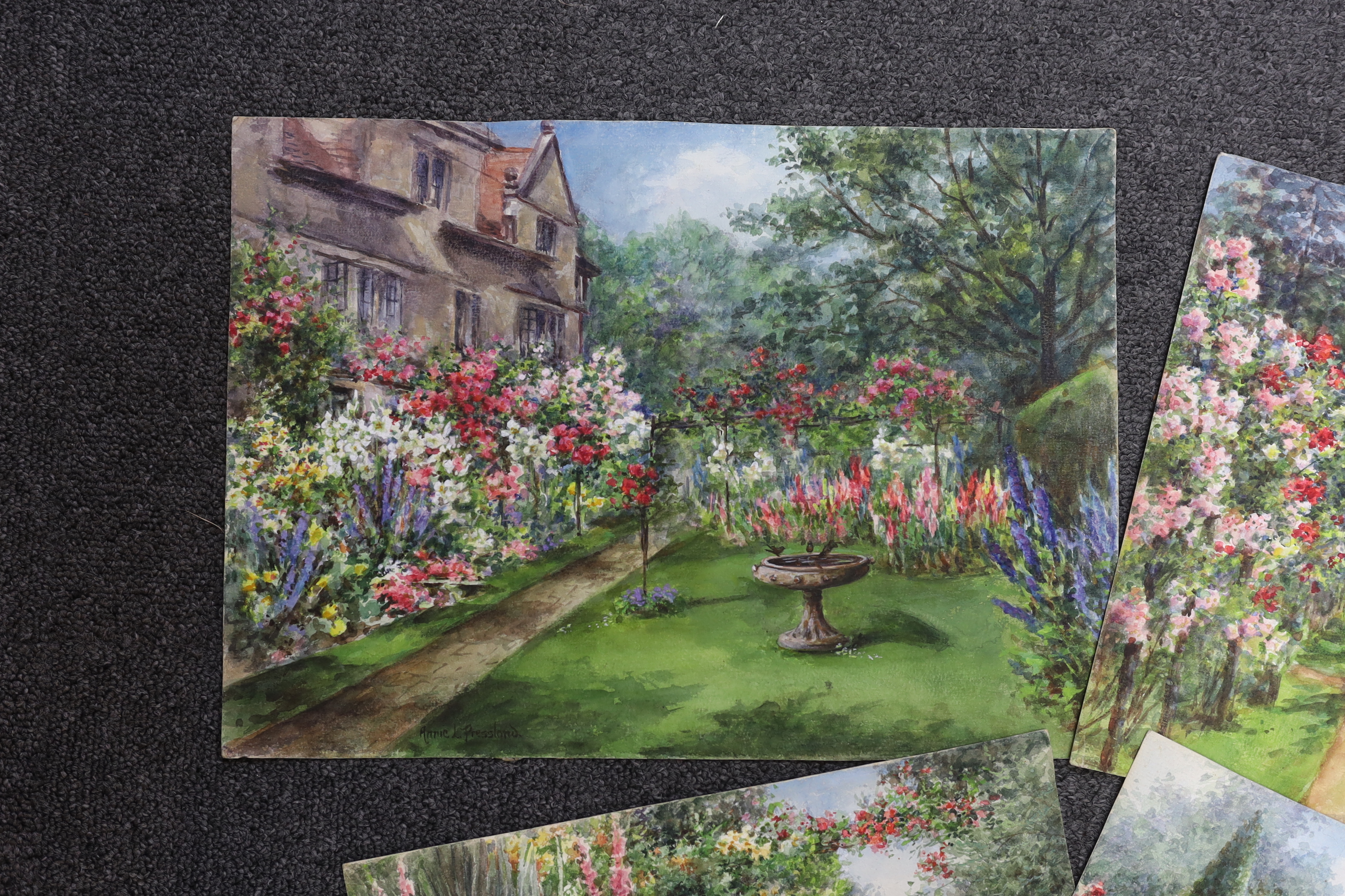 Annie Louise Pressland (1862-1933) four watercolours on card, Country garden landscapes, signed, 35 x 25cm, unframed